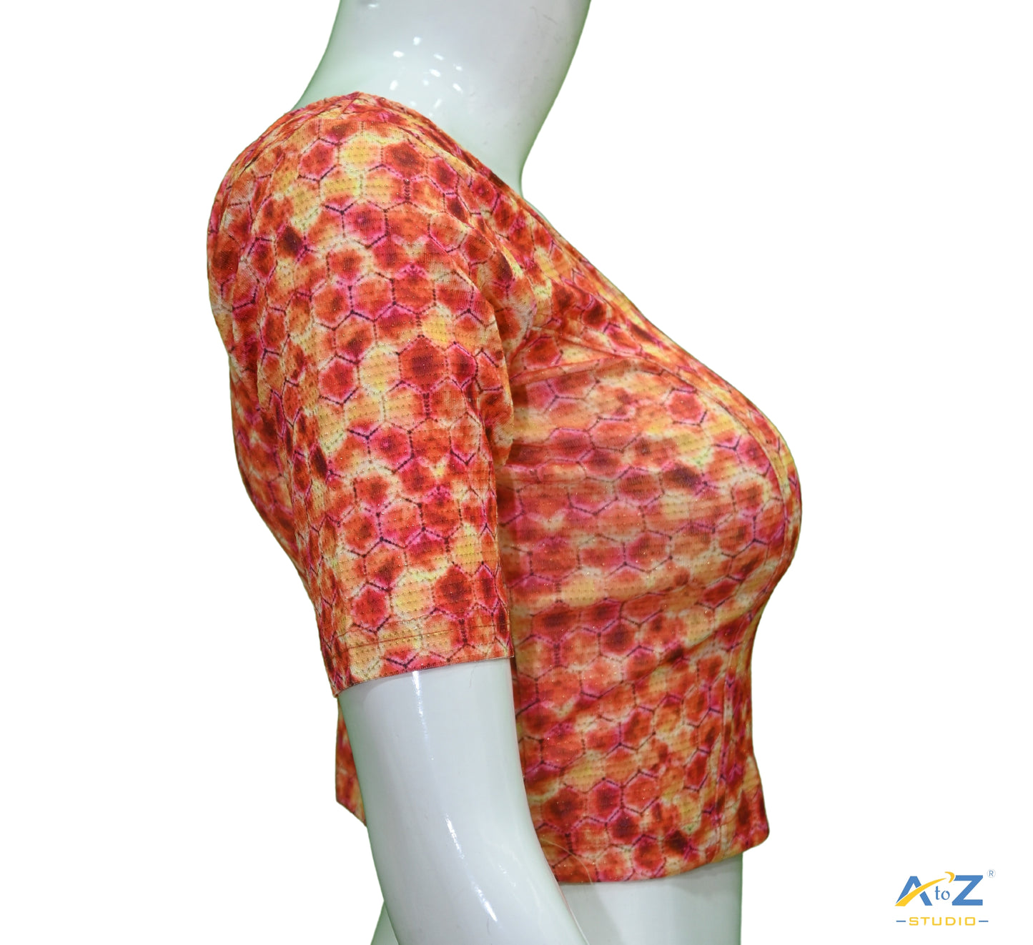 Orange Nylon Lycra Hexagonal Multi Print Blouse