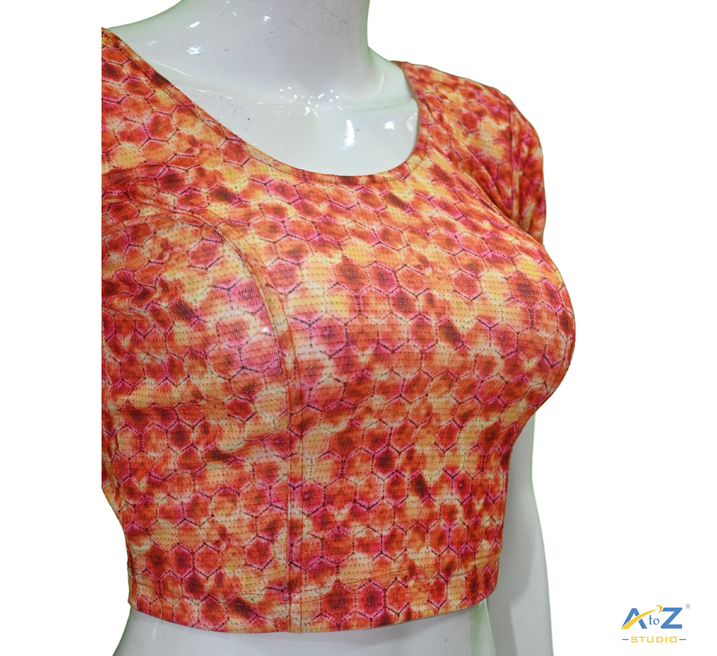 Orange Nylon Lycra Hexagonal Multi Print Blouse