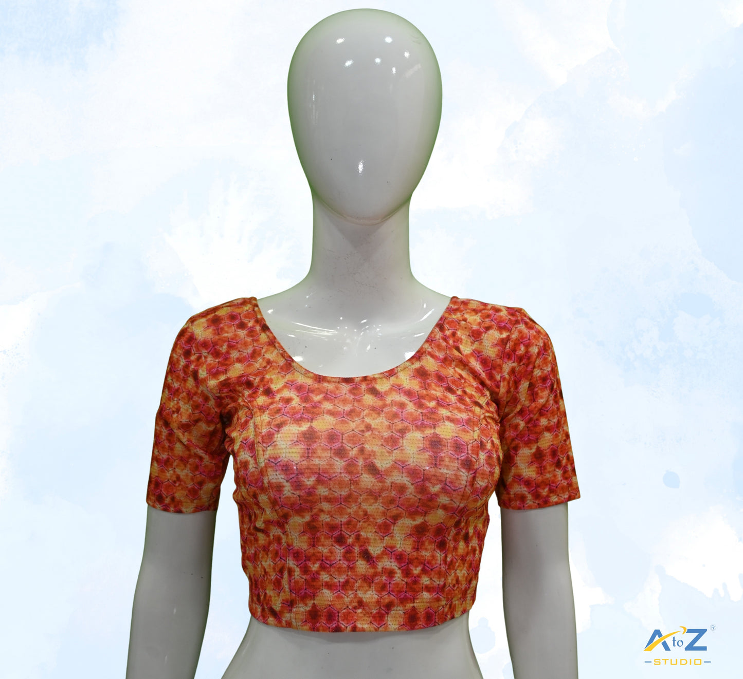 Orange Nylon Lycra Hexagonal Multi Print Blouse