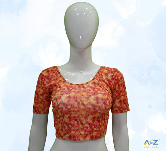 Orange Nylon Lycra Hexagonal Multi Print Blouse
