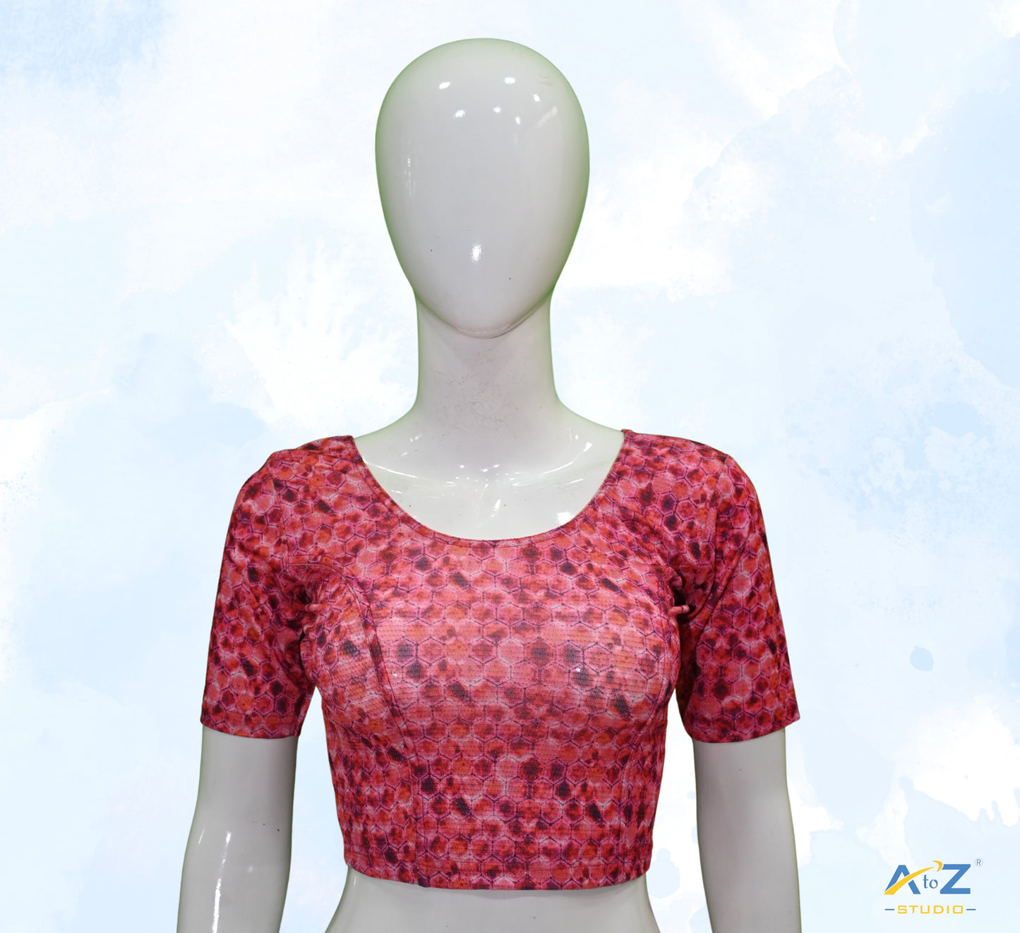 Pink Nylon Lycra Hexagonal Multi Print Blouse