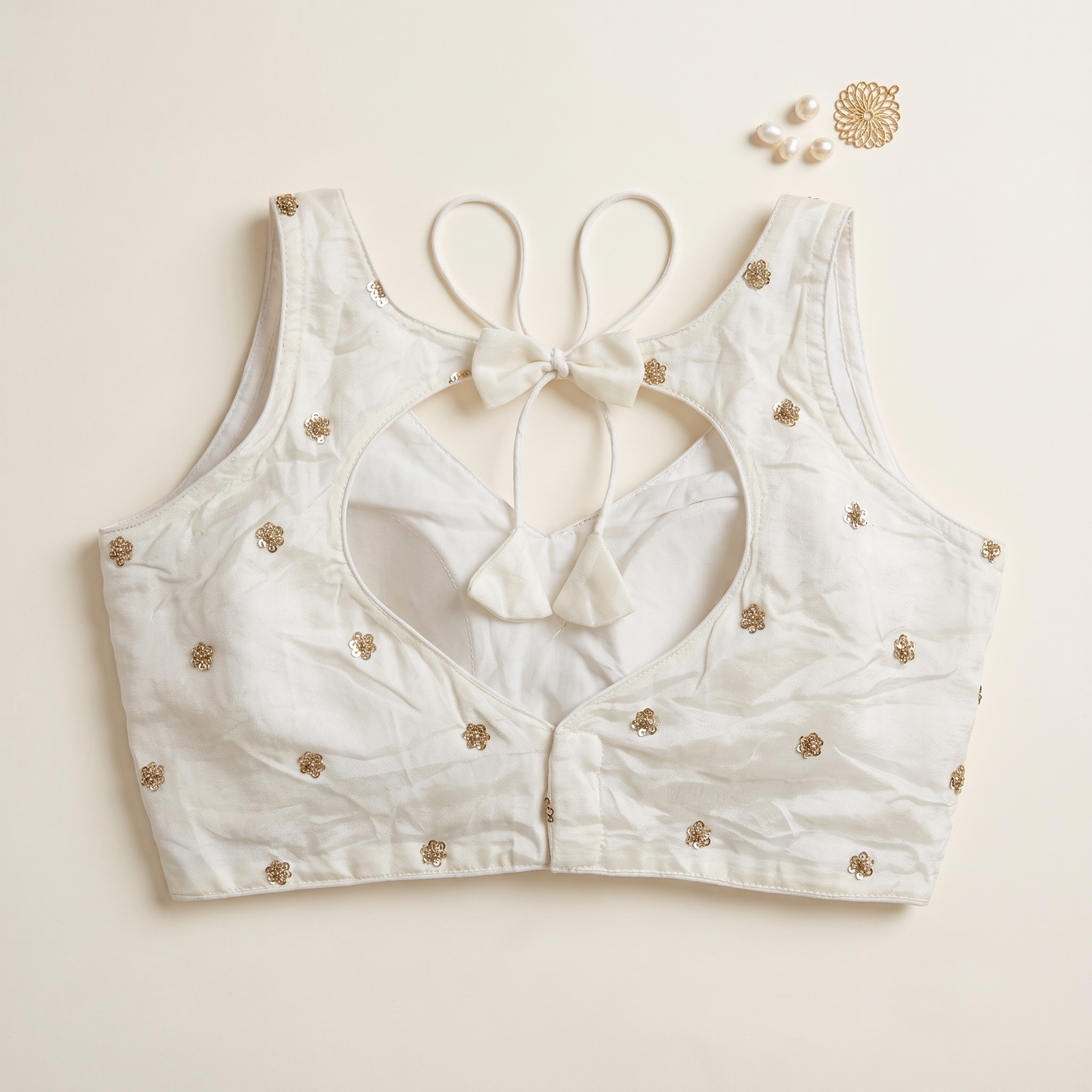 Elegant White Sequined Floral Motif Blouse with Tie-Back Latkan