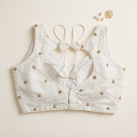 Elegant White Sequined Floral Motif Blouse with Tie-Back Latkan