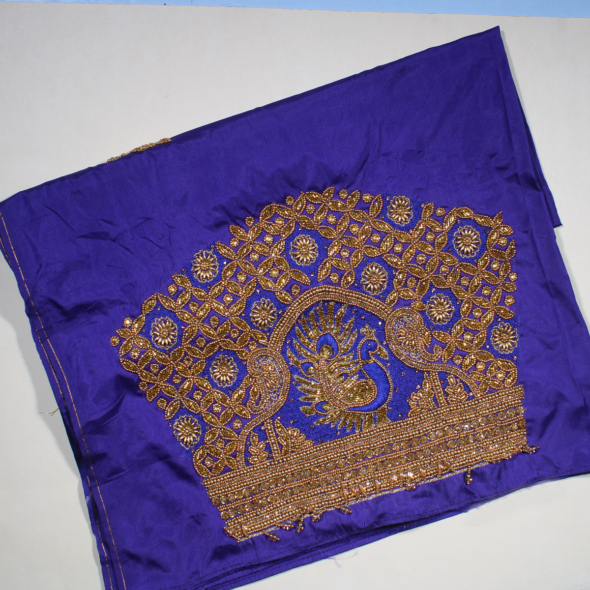 Royal Purple Peacock Zardozi Embroidered Designer Blouse Fabric