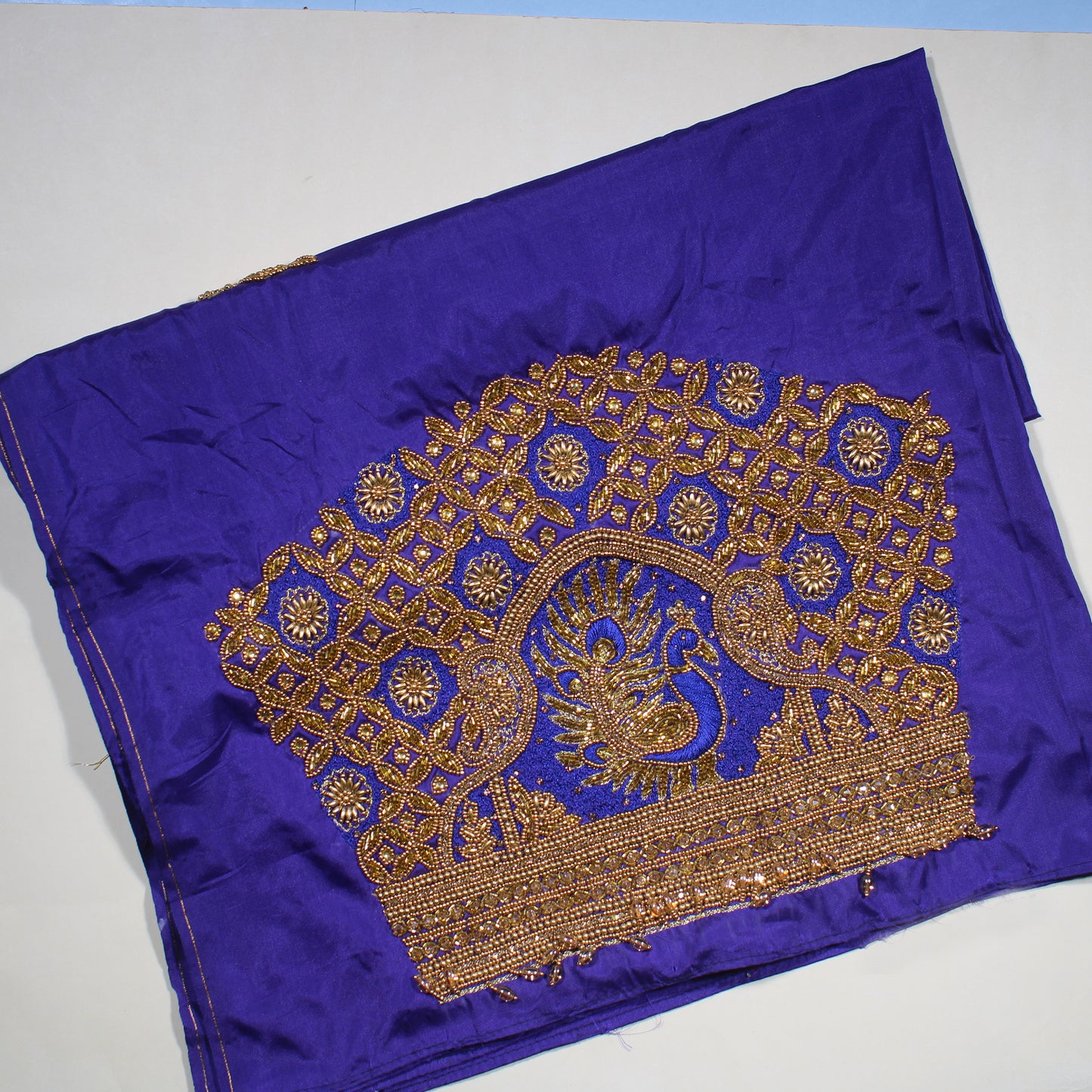 Royal Purple Peacock Zardozi Embroidered Designer Blouse Fabric