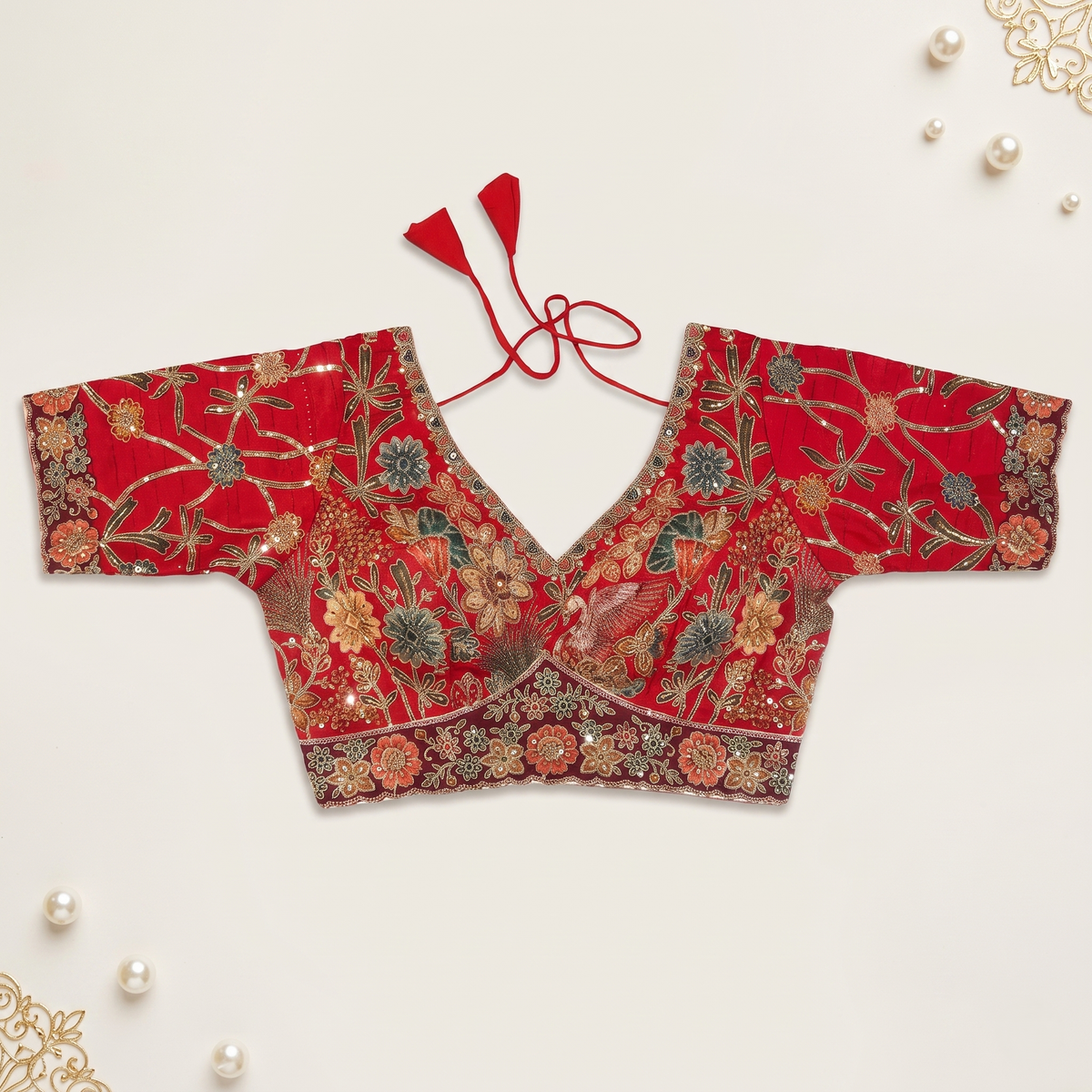 Red Raw Silk Sweetheart Neck Blouse with Zari & Floral Embroidery