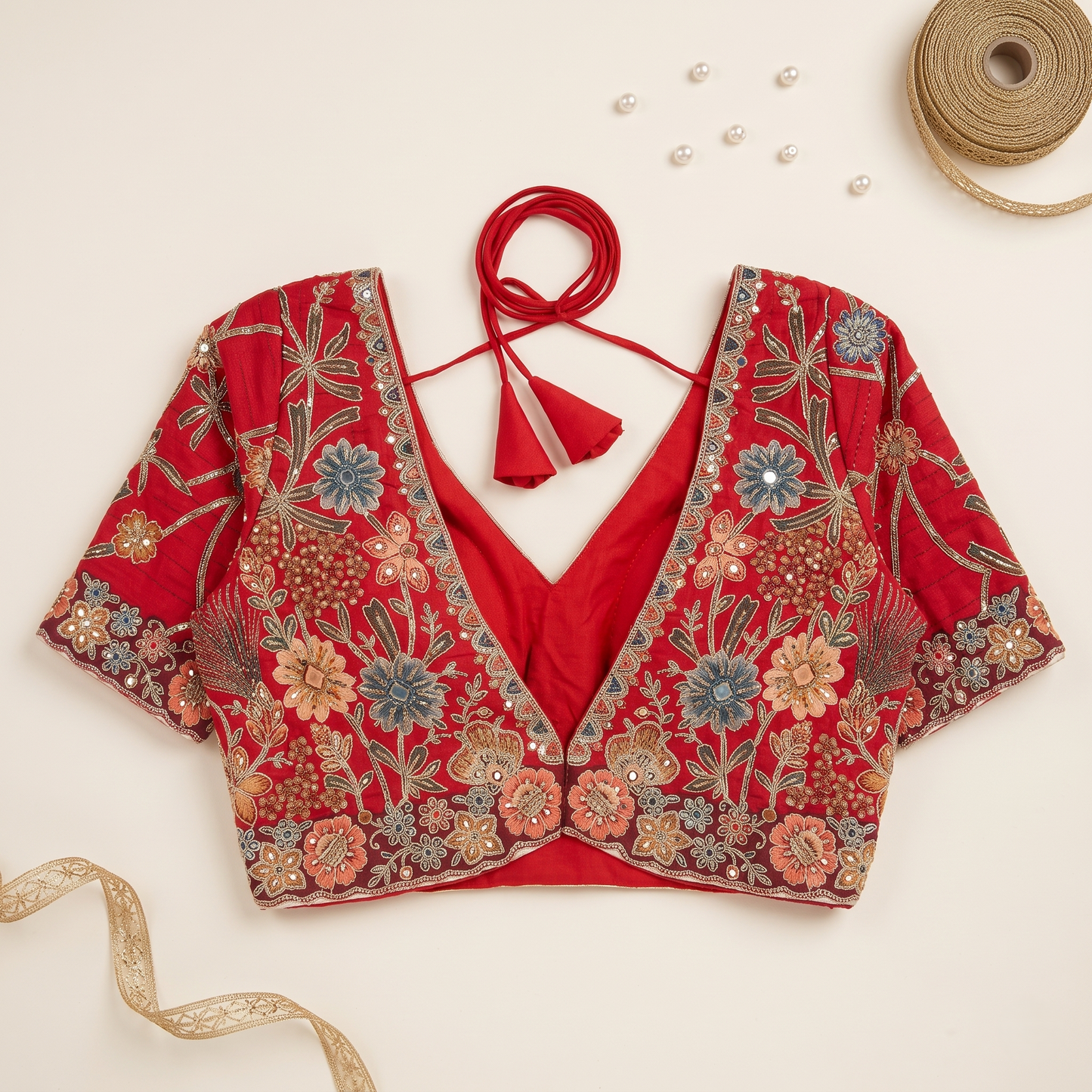 Red Raw Silk Sweetheart Neck Blouse with Zari & Floral Embroidery