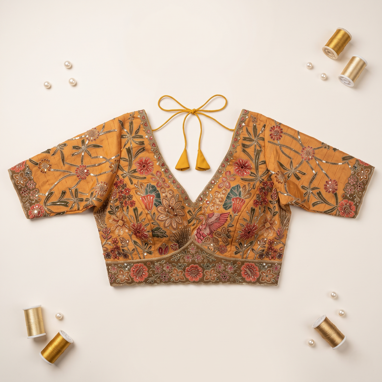 Mustard Raw Silk Sweetheart Neck Blouse with Zari & Floral Embroidery