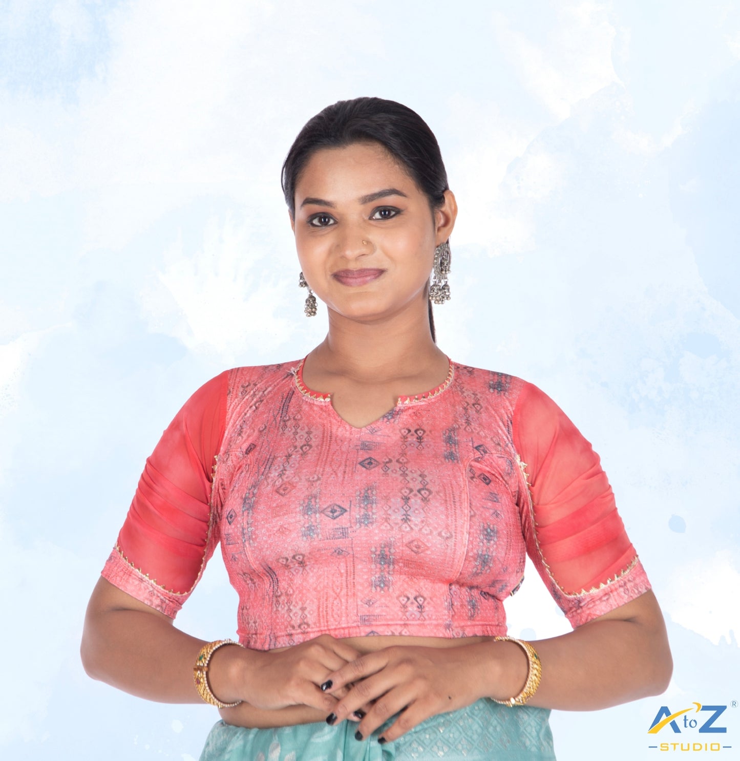 Peach  Polyester Lycra V Neck Blouse