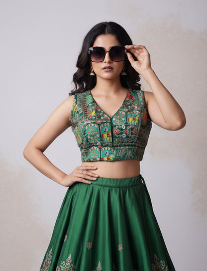 Dark Green Ethnic Blouse with Traditional Rajasthani Mirror Work & Embroidery