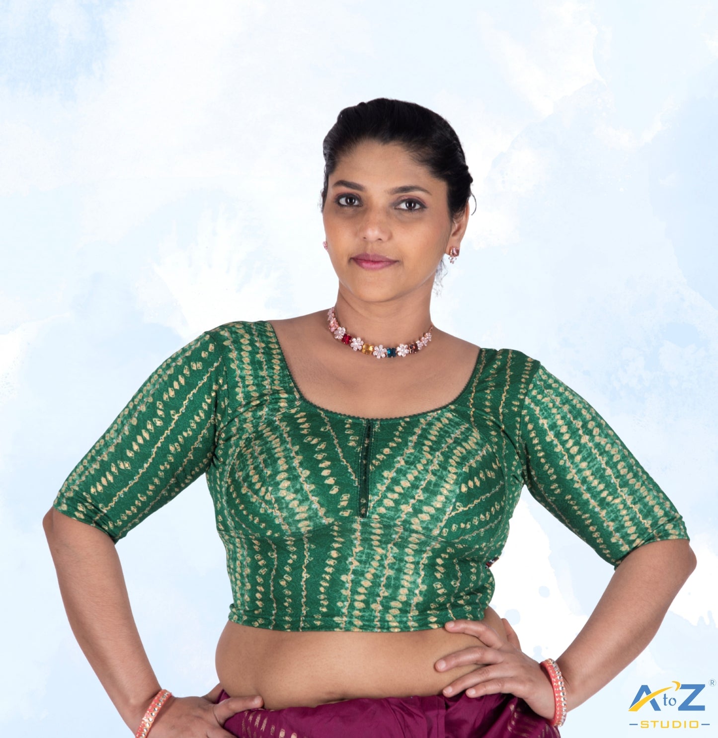 Green Cotton Lycra Bandhni Print Blouse