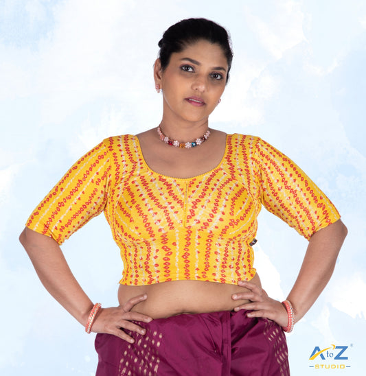 Yellow Cotton Lycra Bandhni Print Blouse