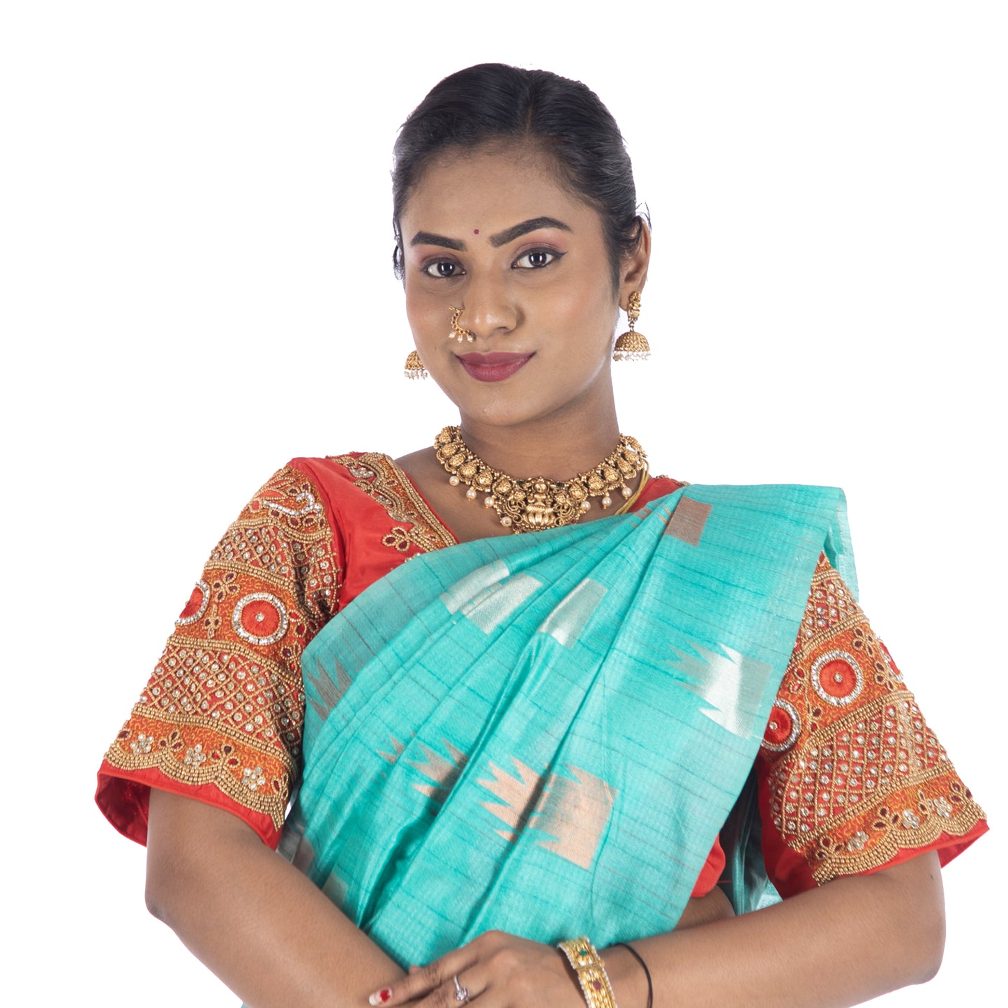 Light Red Silk Cloth Blouse with kundan and chain work Design