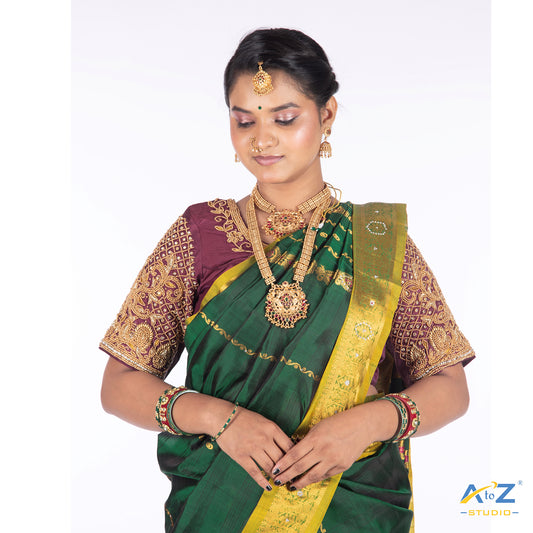 Pink Wine Silk Cloth Blouse with Small Peacock and square chain Design