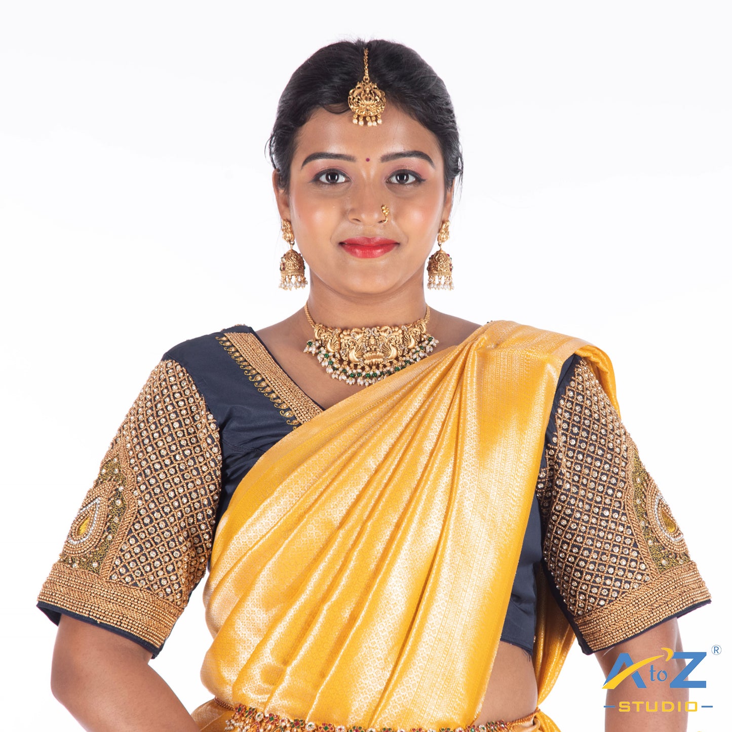 navy Blue Silk Cloth Blouse with Mango and chain kundan Design