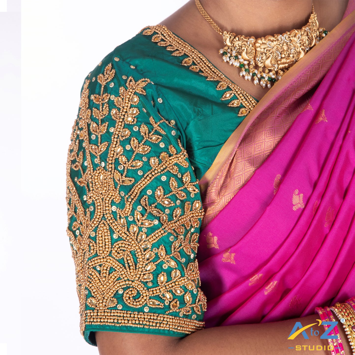 Rama Blue Silk Cloth Blouse with Small leaf (like flower pot) and chain work Design