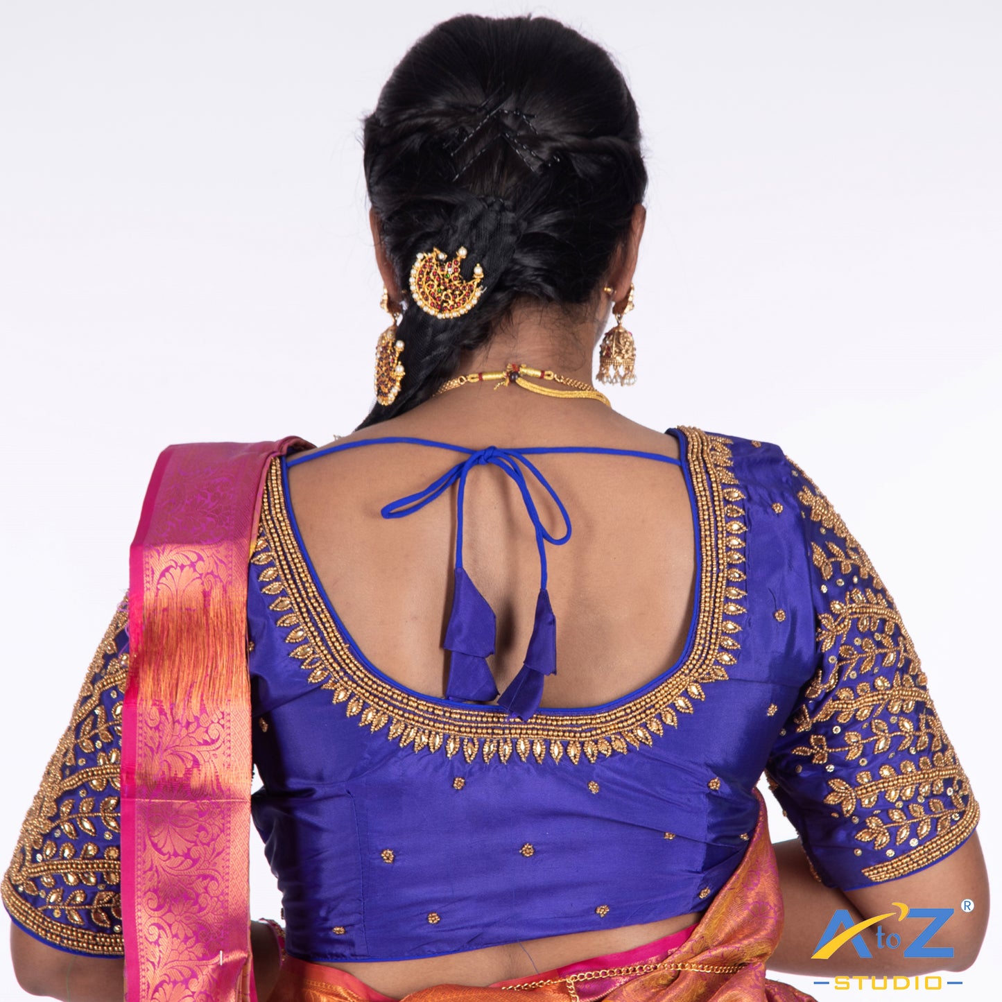 Royal Blue Silk Cloth Blouse with Small leaf (like flower pot) and chain work Design