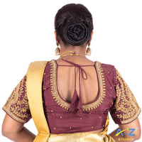 Pink Wine Tissue Cloth Blouse with Small leaf and chain work Design