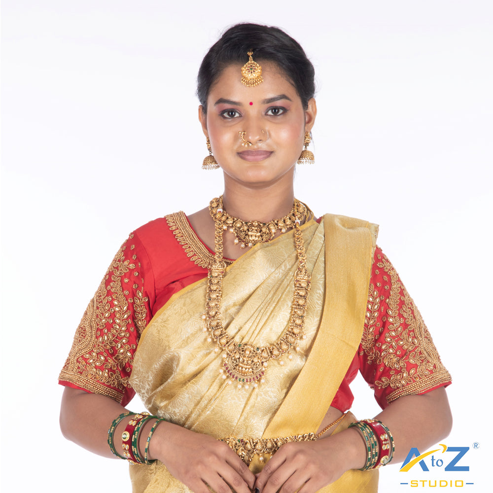 Red Silk Cloth Blouse with Small leaf and chain work Design