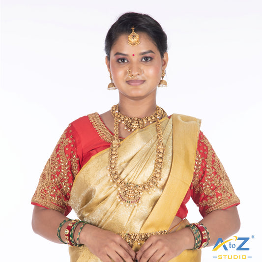 Red Silk Cloth Blouse with Small leaf and chain work Design