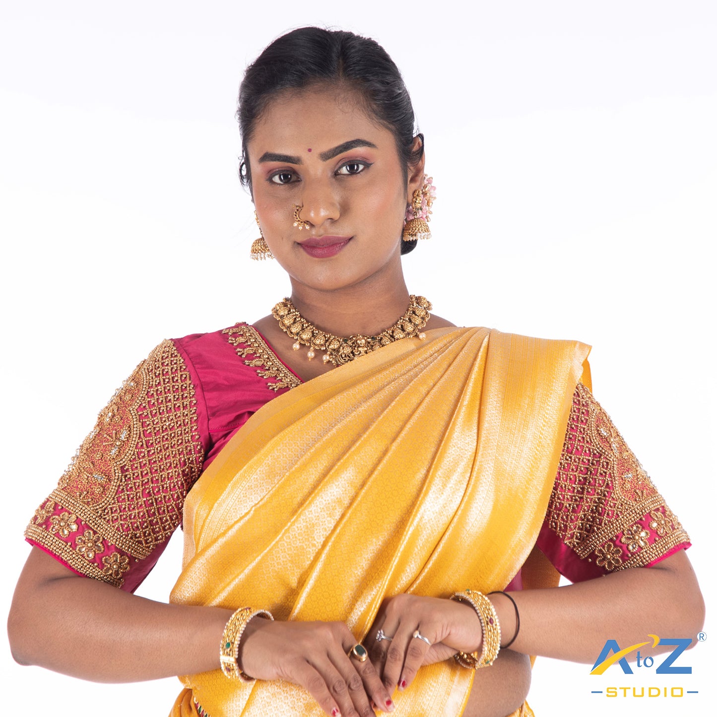 Deep Pink Silk Cloth Blouse with Flower with chain and kundan Design