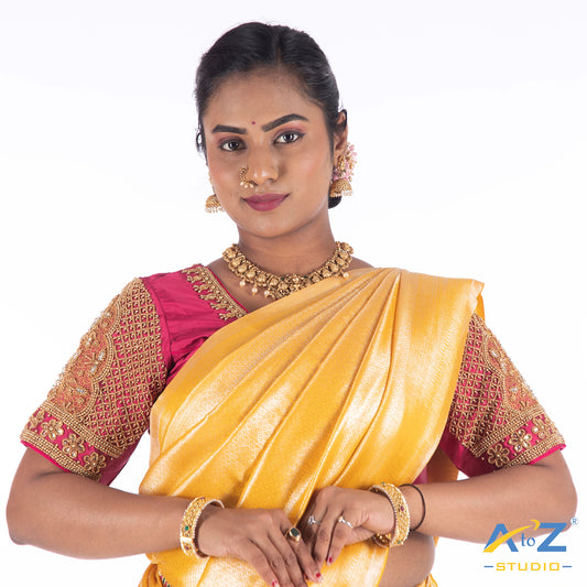 Deep Pink Silk Cloth Blouse with Flower with chain and kundan Design