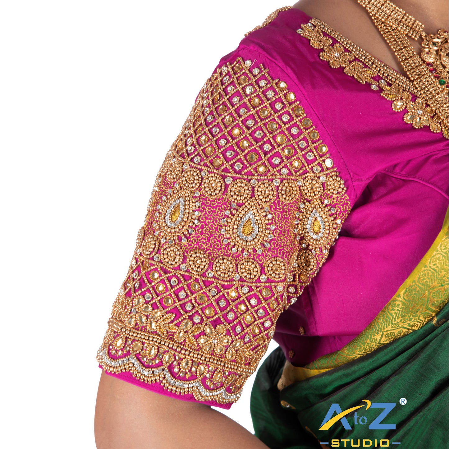 Dark Pink Silk Cloth Blouse with kundan and chain work Design