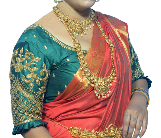 Dark Green Blouse with Leaf Sleeves & Dual Embroidery