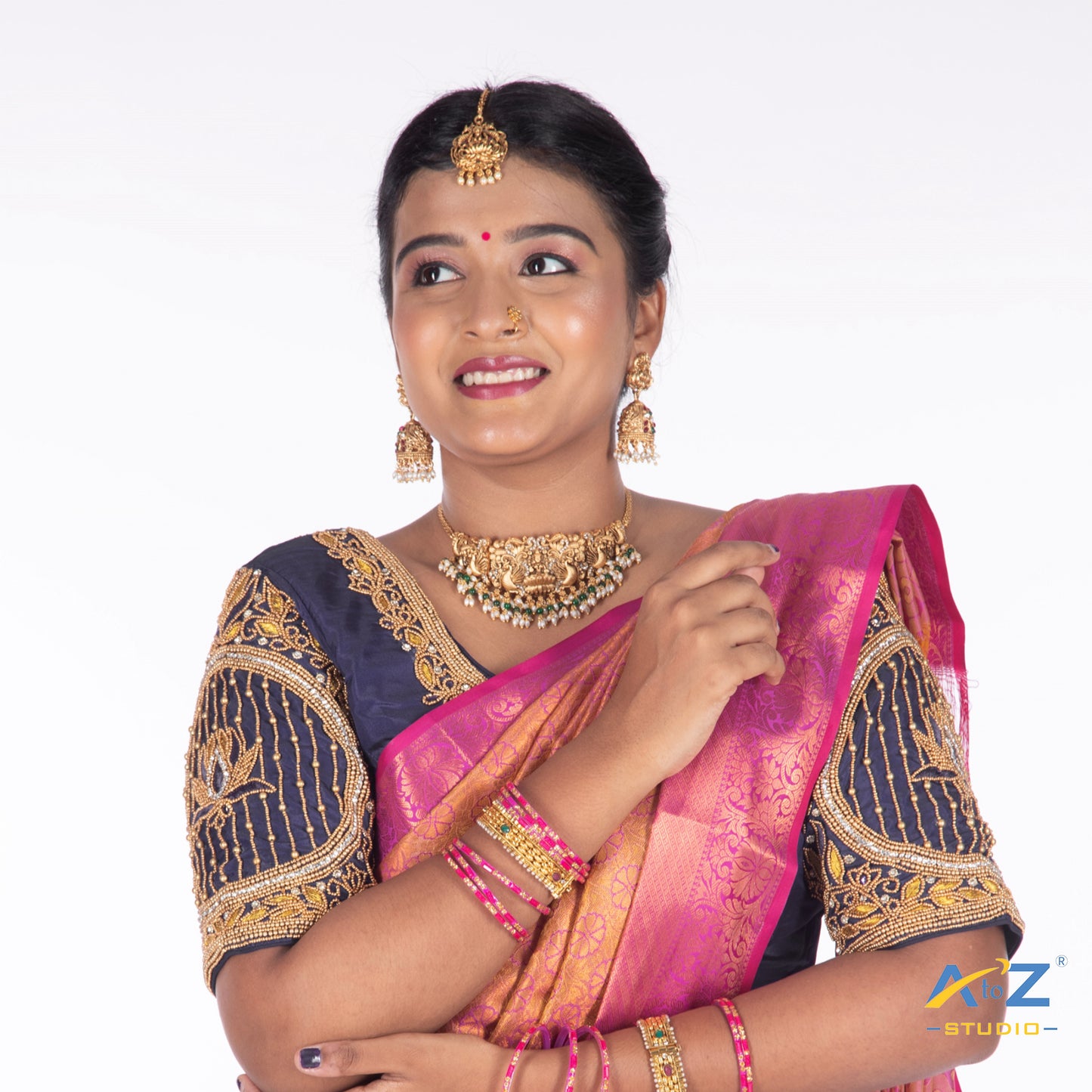 Navy Blue Silk Cloth Blouse with Lotus in circle Design