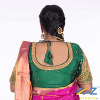 Forest Green Silk Cloth Blouse with Double Peacock Design