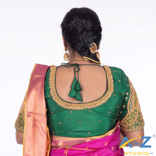 Forest Green Silk Cloth Blouse with Double Peacock Design