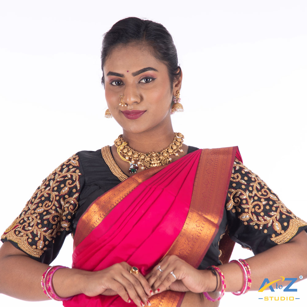 Black Silk Cloth Blouse with Back double peacock and kundan Design