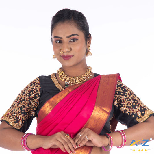 Black Silk Cloth Blouse with Back double peacock and kundan Design