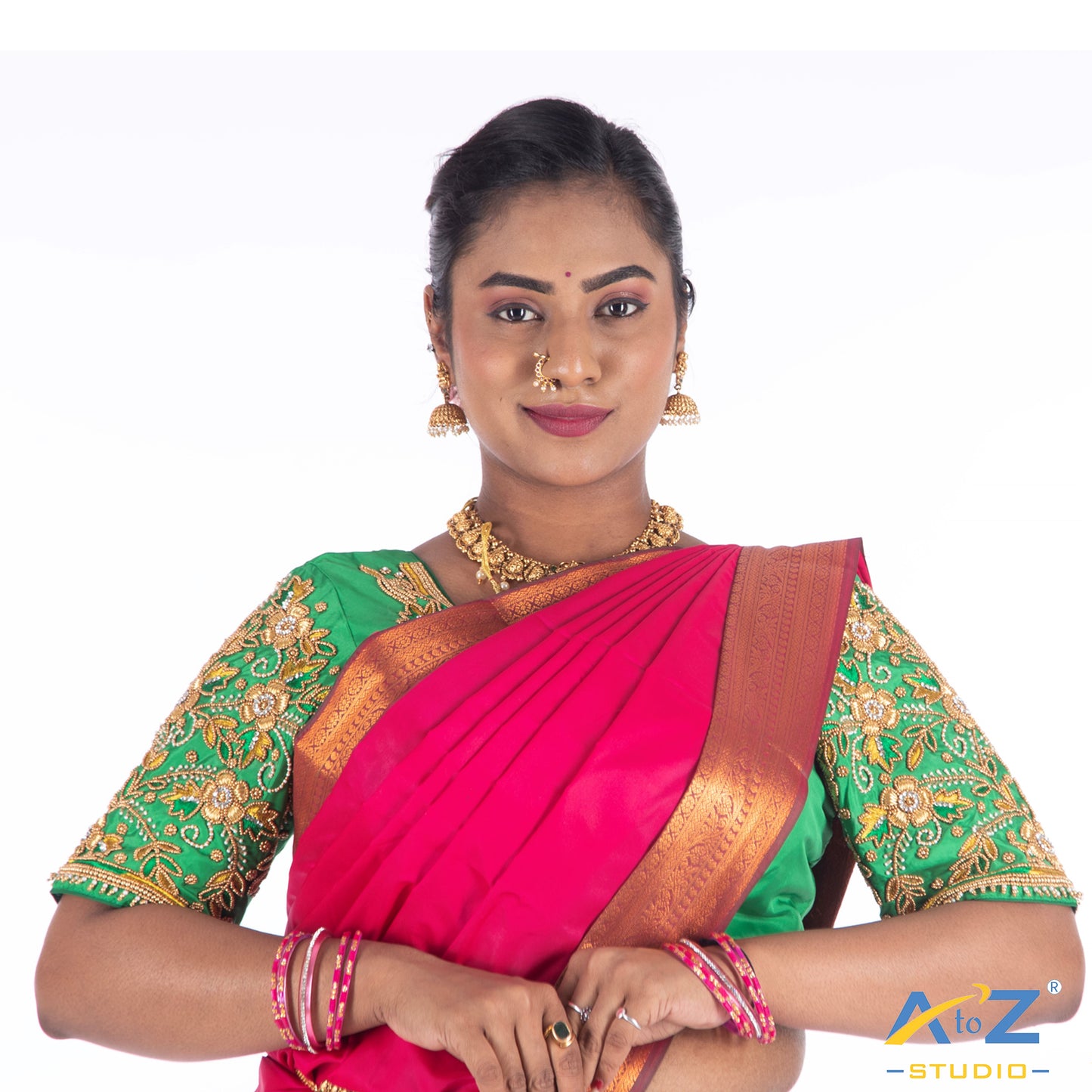 Chateav Green Silk Cloth Blouse with Flower bloosm Design