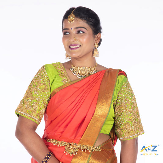 Parrot Green Silk Cloth Blouse with Small Peacock and square chain Design