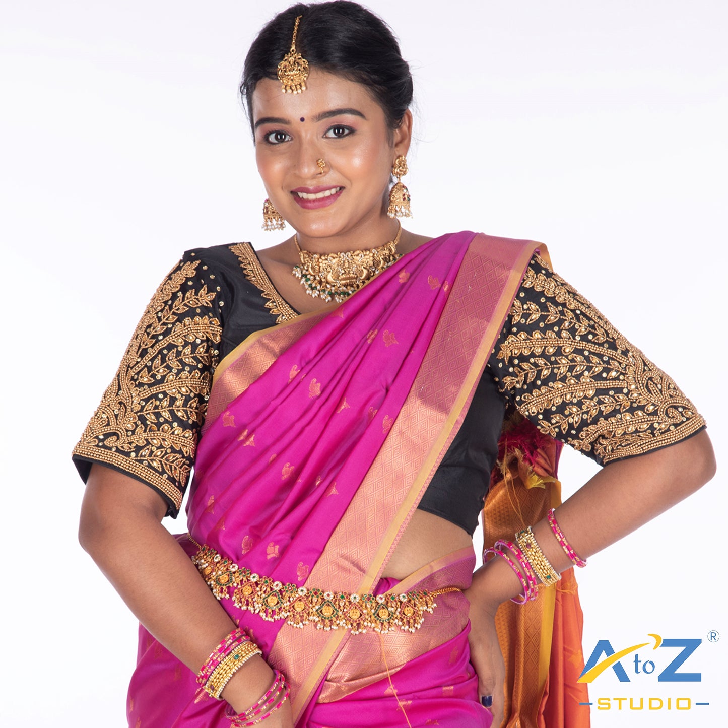 Black Silk Cloth Blouse with Small leaf (like flower pot) and chain work Design