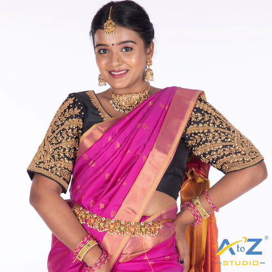 Black Silk Cloth Blouse with Small leaf (like flower pot) and chain work Design