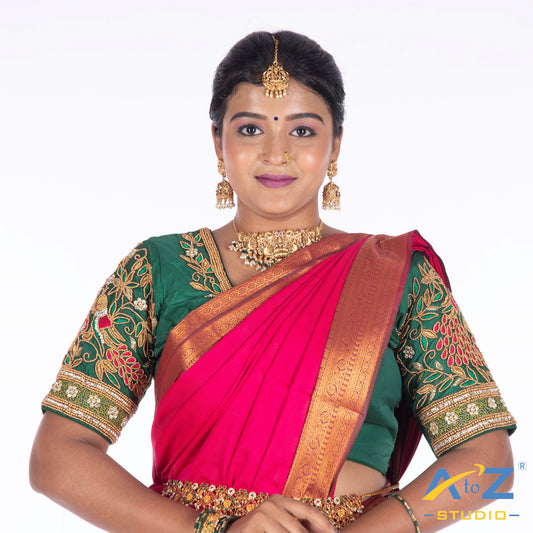 Dark Green Silk Cloth Blouse with Peacock Design