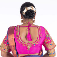 Bright Pink Silk Cloth Blouse with Flower and leaf pattern Design