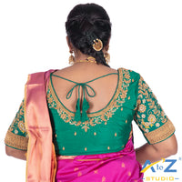 Rama Green with Aari Work Blouse with leaf and flower mixed Design