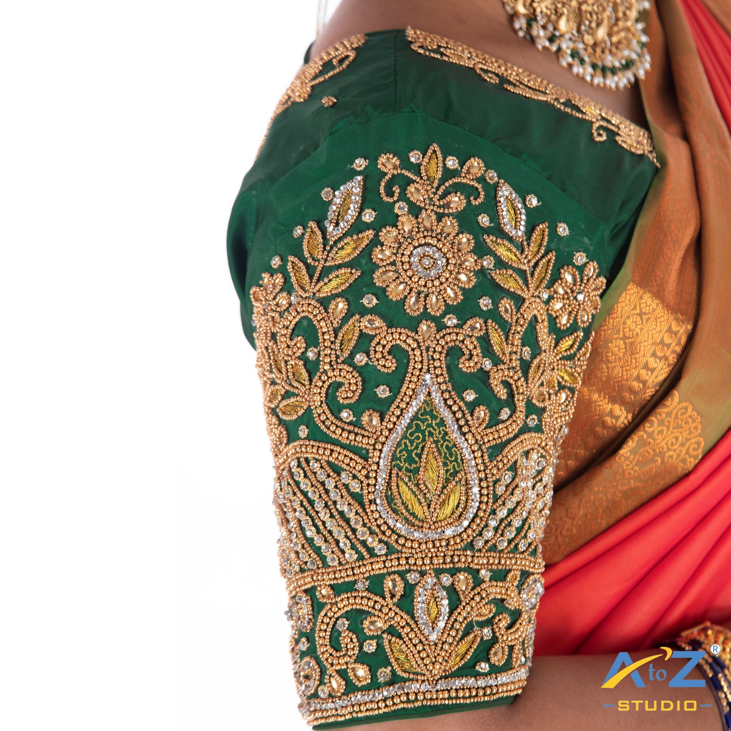 Dark Green Silk Cloth Blouse with Flower and Leaf with pearl and chain Design