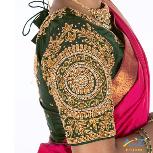 Bottle Green Tissue Cloth/Gold Work Blouse with Circle and kundan work Design