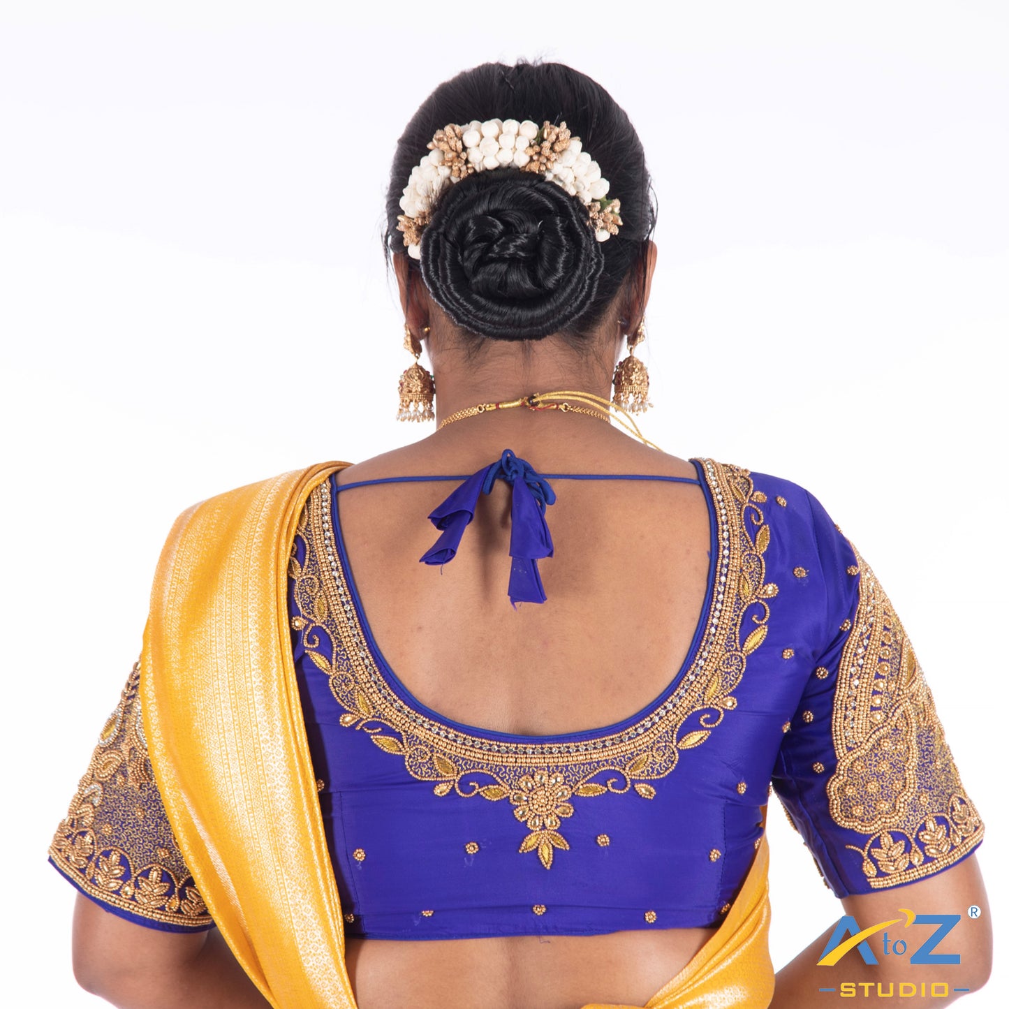 Royal Blue Silk Cloth Blouse with Leaf and 2 peacock at sleeves Design