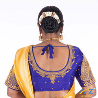 Royal Blue Silk Cloth Blouse with Leaf and 2 peacock at sleeves Design
