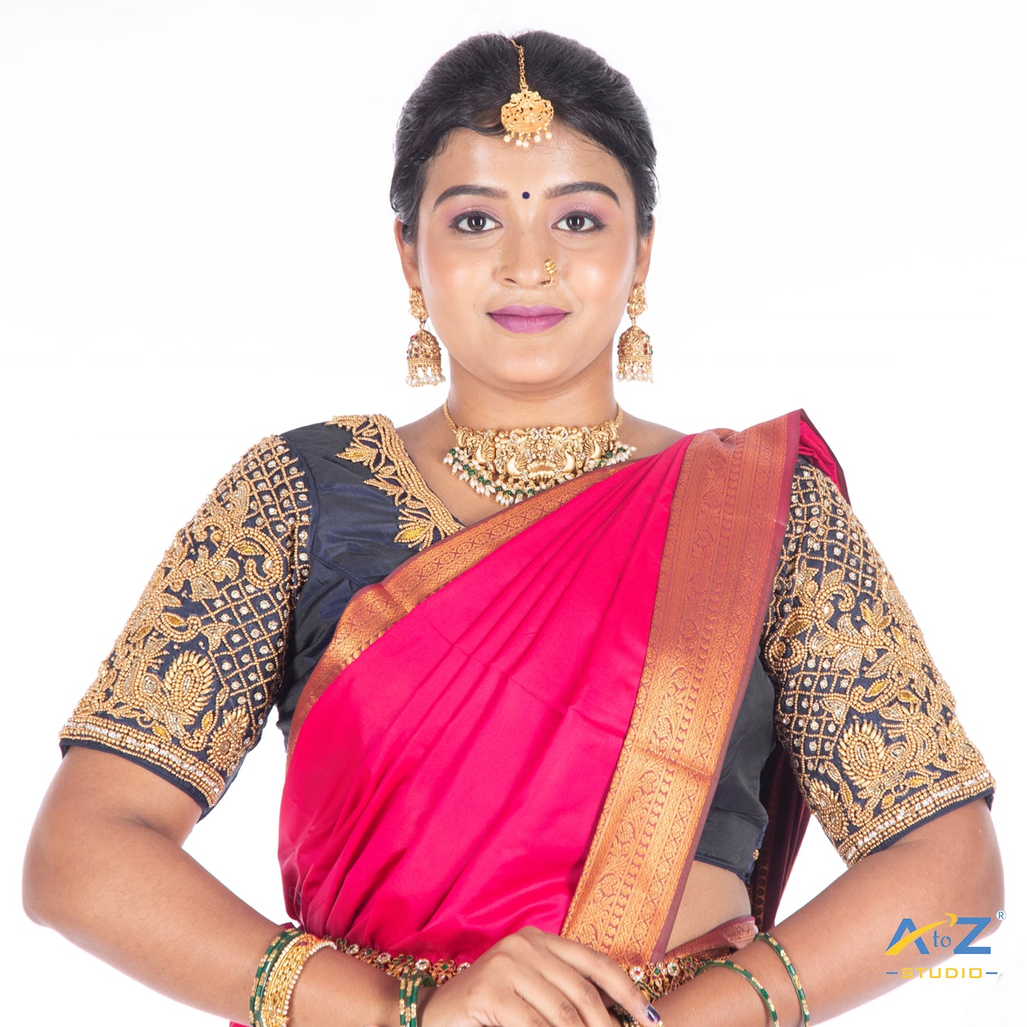 Navy Blue Silk Cloth Blouse with Small Peacock and square chain Design