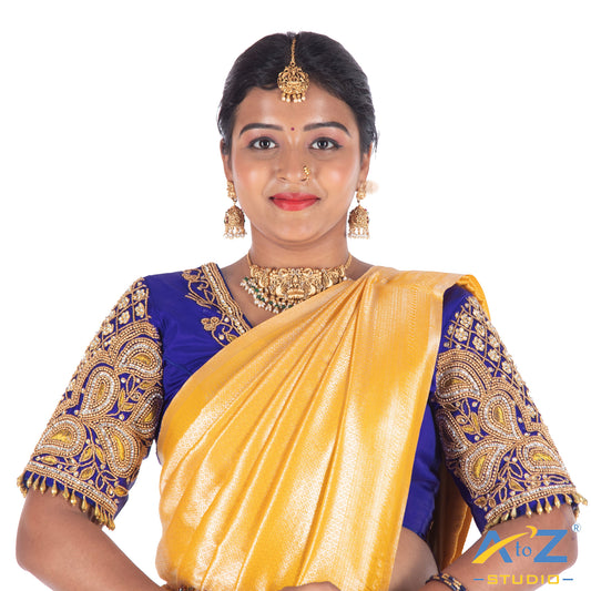 Royal Blue Silk Cloth Blouse with Mango and square flower Design
