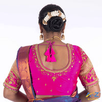 Bright Pink Silk Cloth Blouse with Drop, kubdan and leafs Design