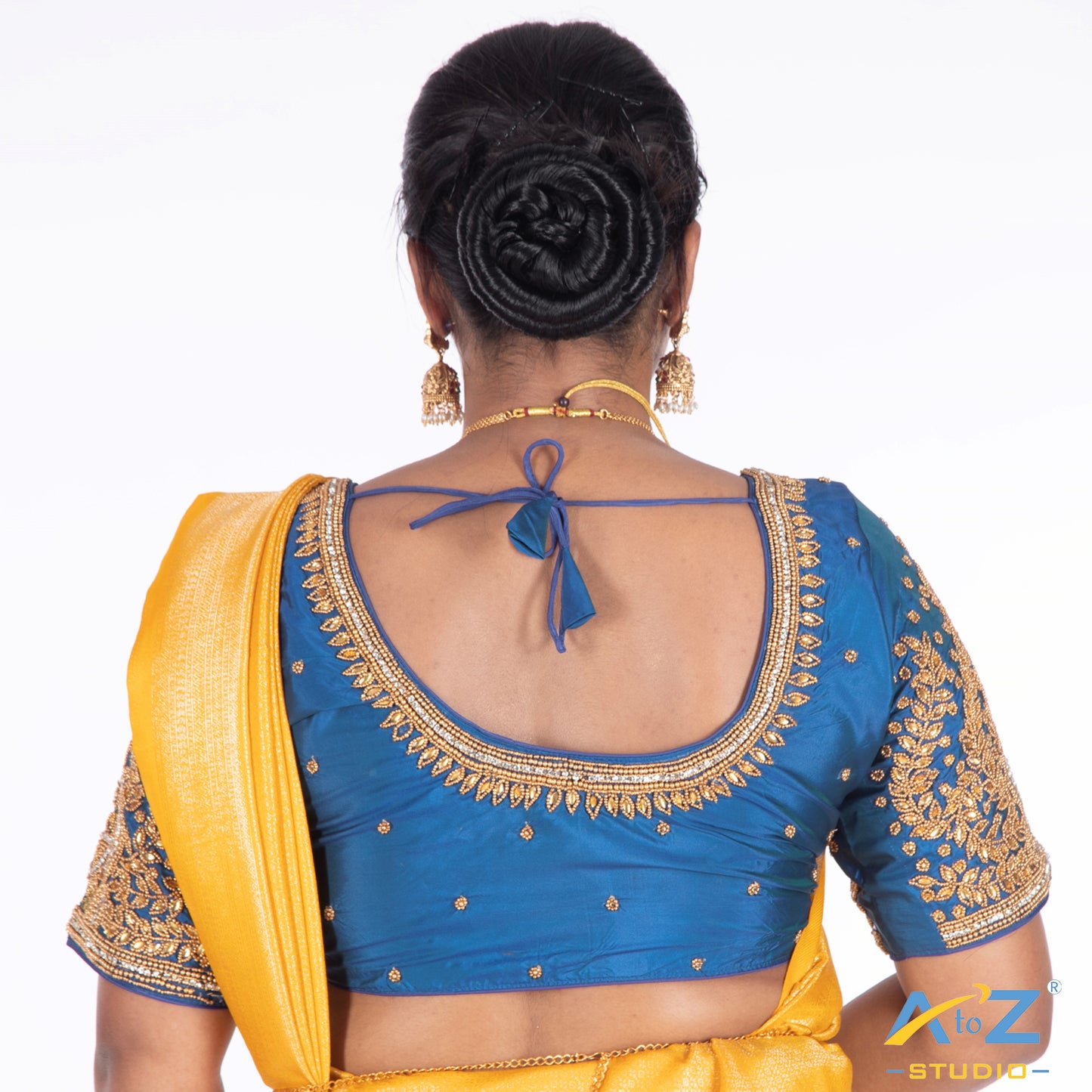 Egyptian Blue Tissue Cloth Blouse with Small leaf and chain work Design