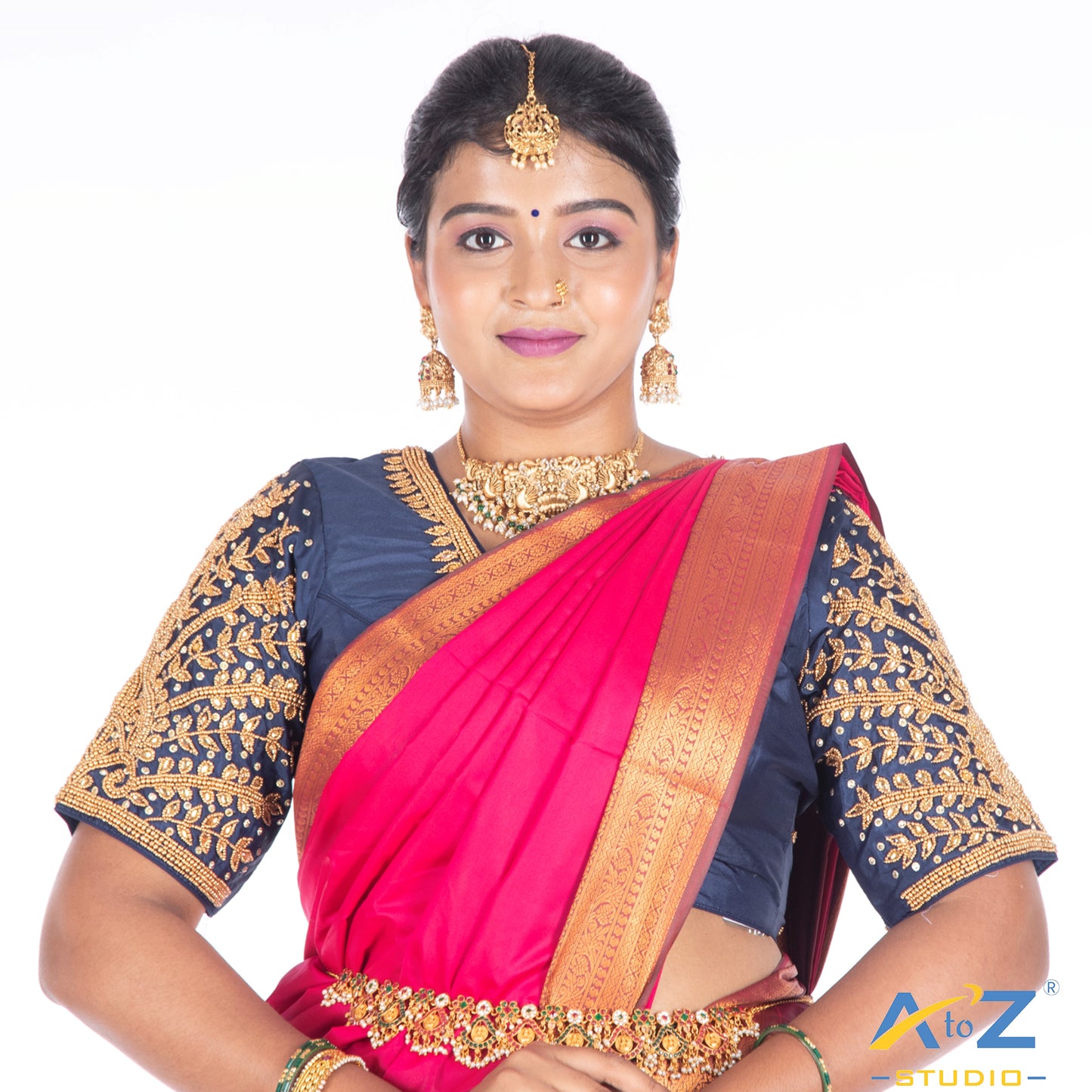 Navy Blue Silk Cloth Blouse with Small leaf (like flower pot) and chain work Design