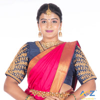 Navy Blue Silk Cloth Blouse with Small leaf (like flower pot) and chain work Design